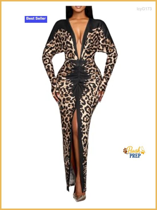 Dresses & Skirts - Leopard Print Maxi Dress Bodycon Long Sleeve V-Neck Slit Party